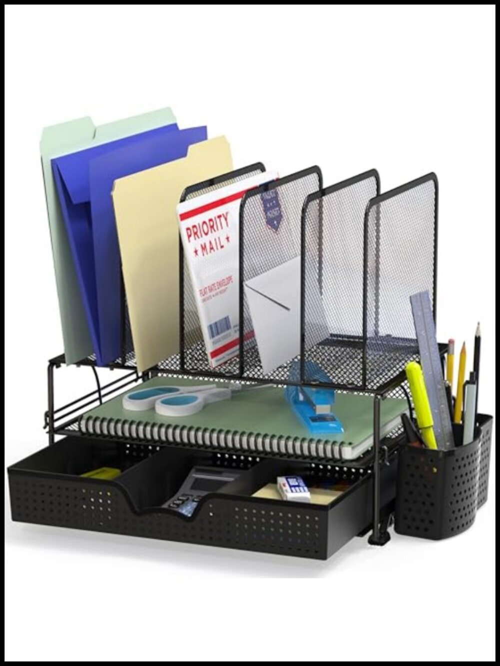 Desk File Organizer Office Supplies Storage w/ Drawer & Pen Bucket